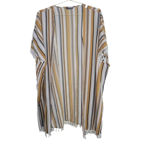 Shein Kimono Cardigan Sz L Yellow White Black Swim Beach long Tassels open front - Picture 1 of 10